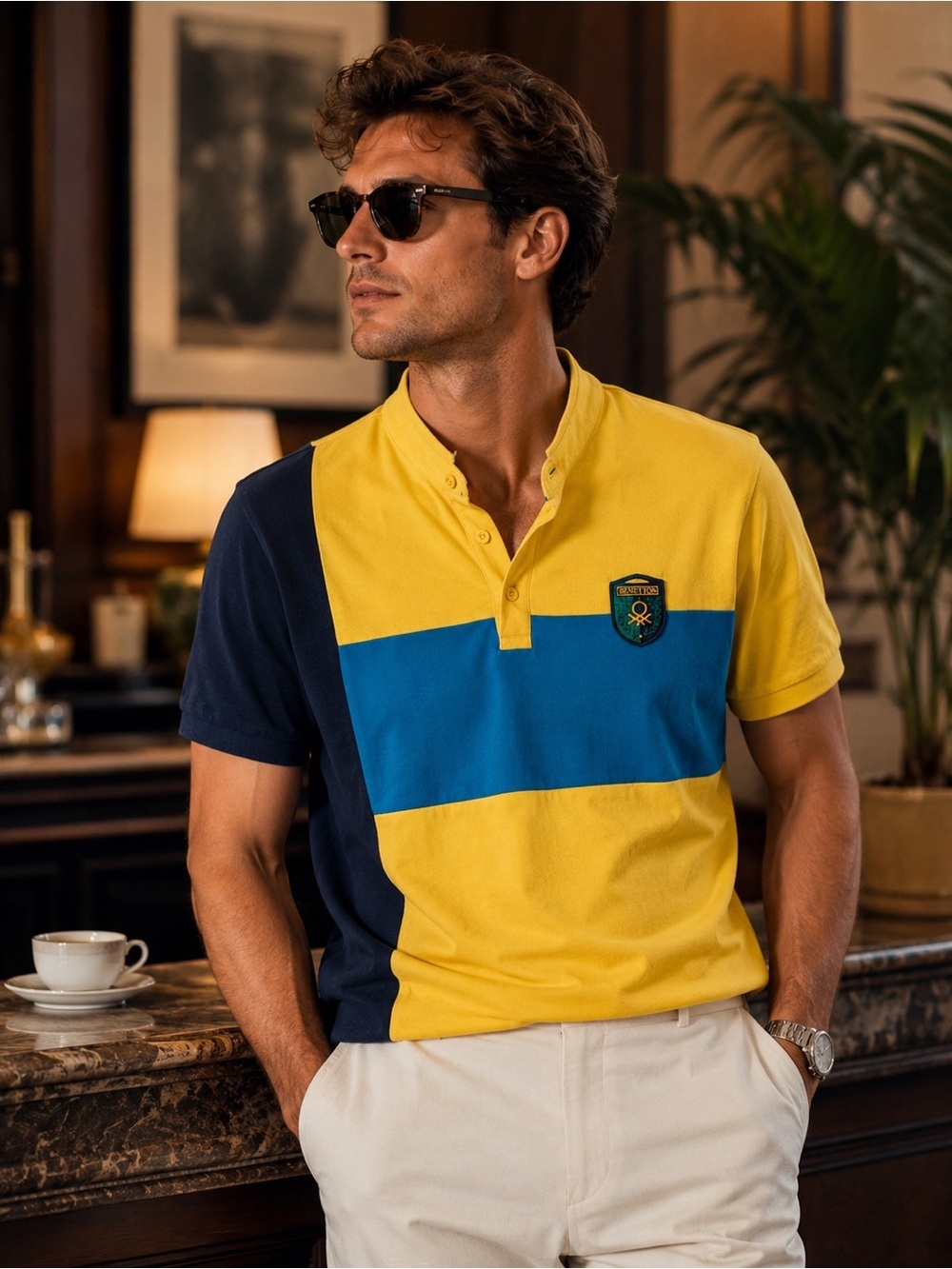 United Colors Of Benetton Menโs Yellow & Blue Colorblock Polo shirt size L